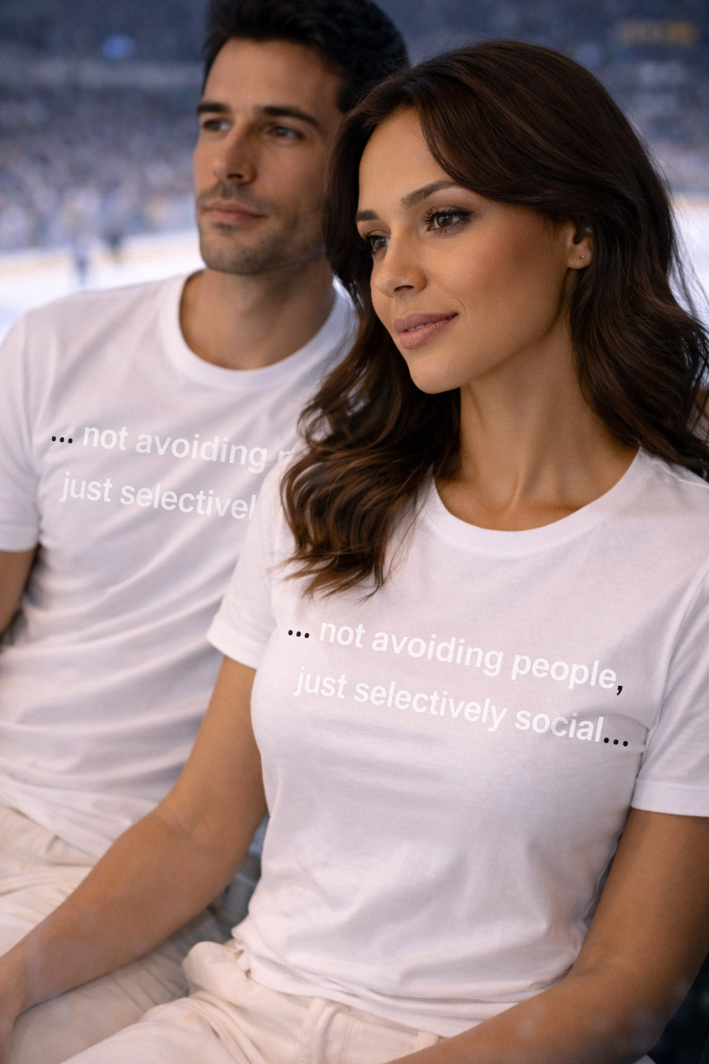 Casual lifestyle shot of couple wearing not avoiding people just selectively social protecting their personal energy.