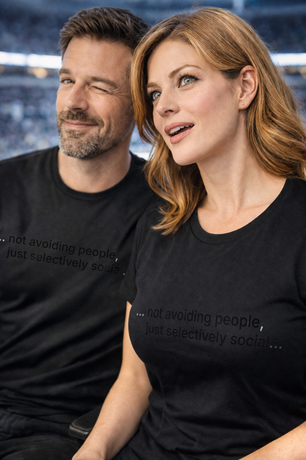 Relaxed couple wearing not avoiding people just selectively social finding heartfelt connection in a meaningful gift for friends.