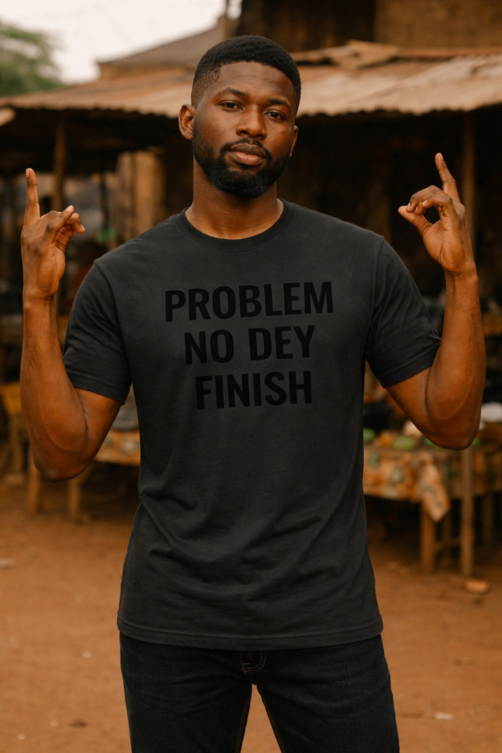 Casual guy raise hands wear problem no dey finish top to take life one step at a time.