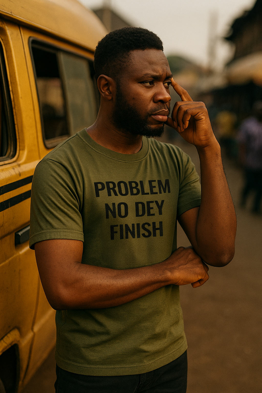 Thoughtful man touch head wear problem no dey finish tee because you no fit solve everything once.