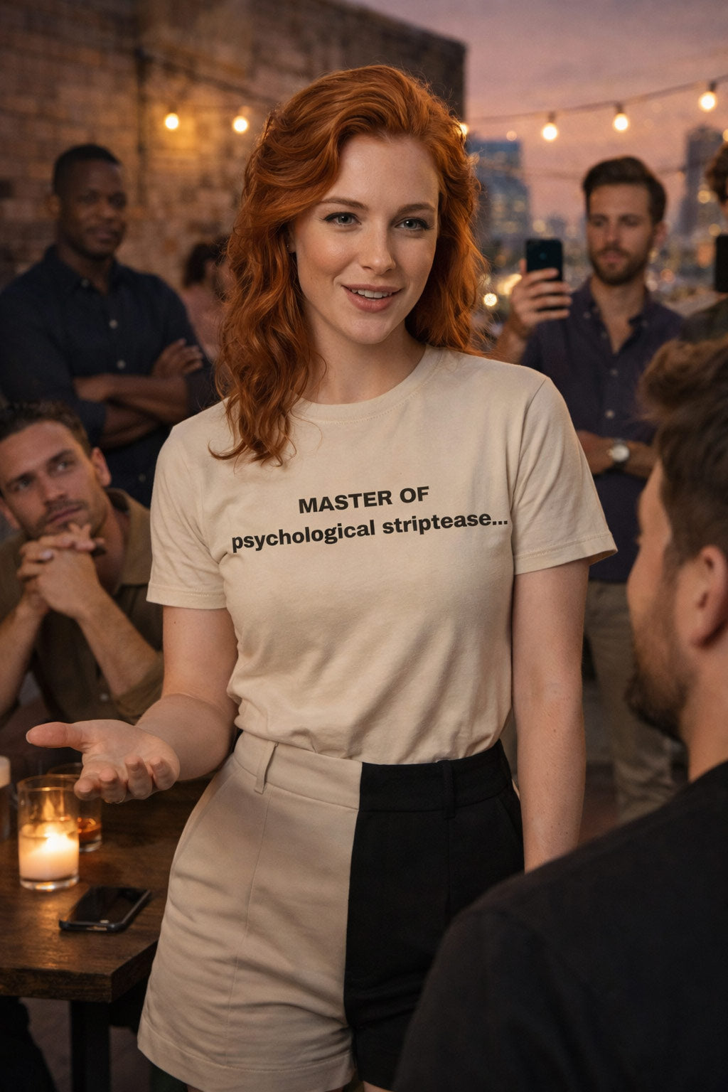 Smiling woman at an outdoor gathering wearing master of psychological striptease shirt for a deep thinker.