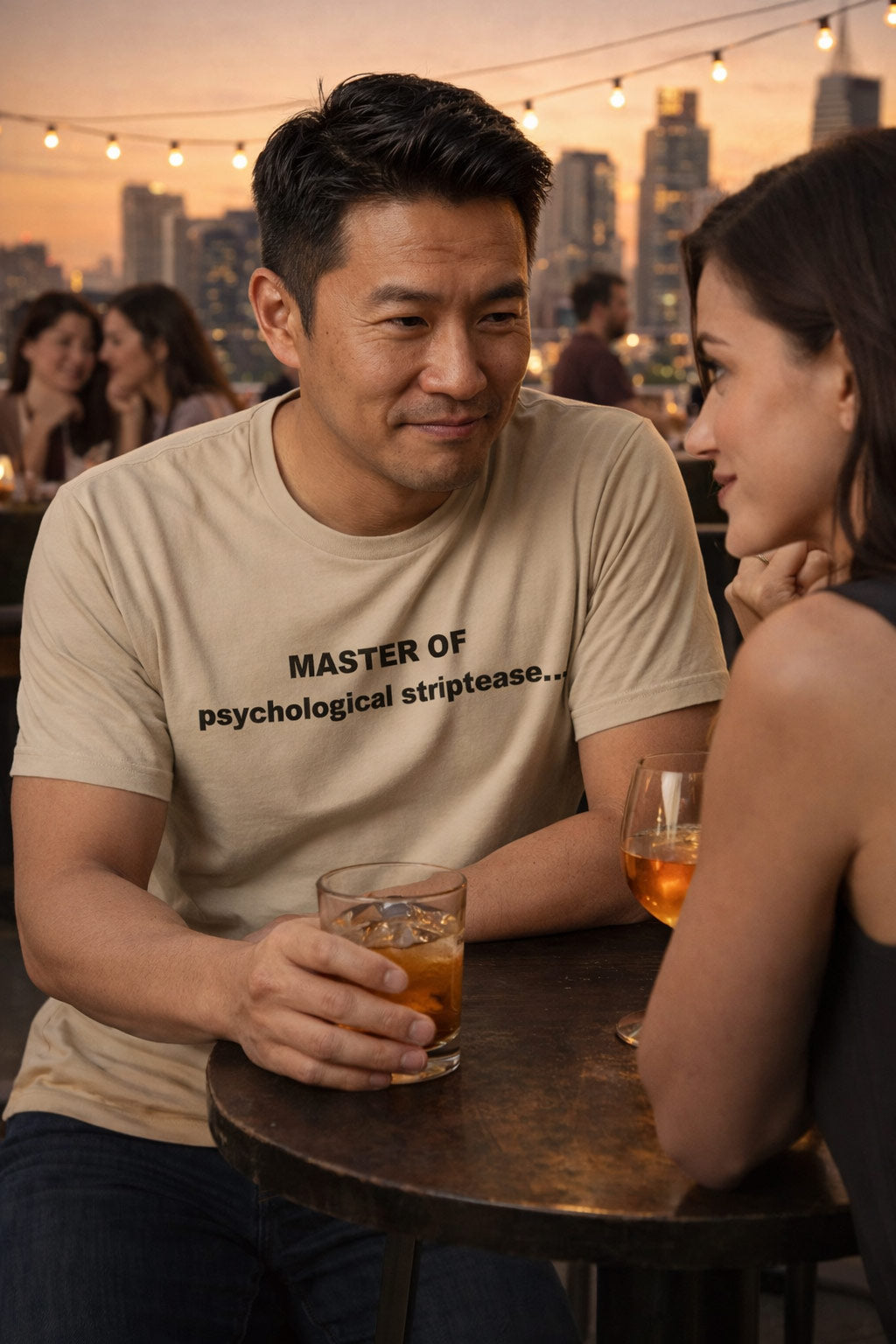 Calm man having a deep conversation outdoors wearing master of psychological striptease tee a thoughtful gift.