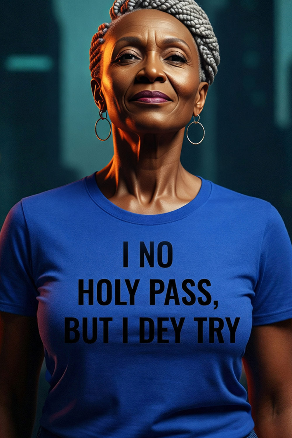 Serious older woman standing in I no holy pass but I dey try pure peace meaningful gift.