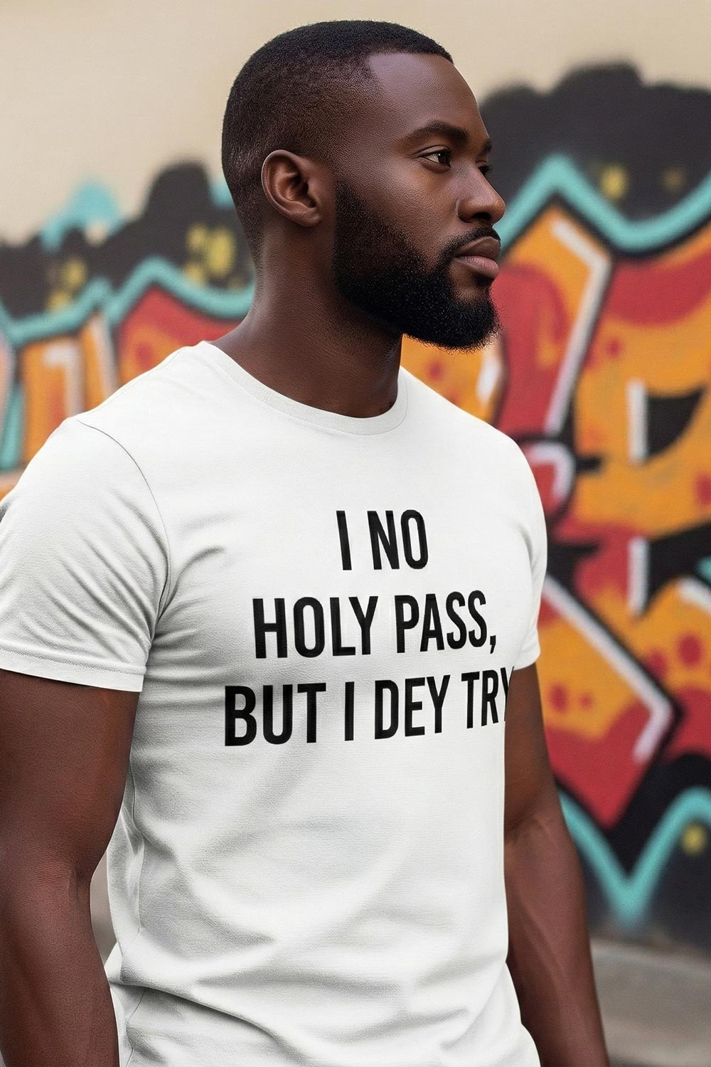 Thoughtful man looking sideways in I no holy pass but I dey try sincere heart perfect gift.