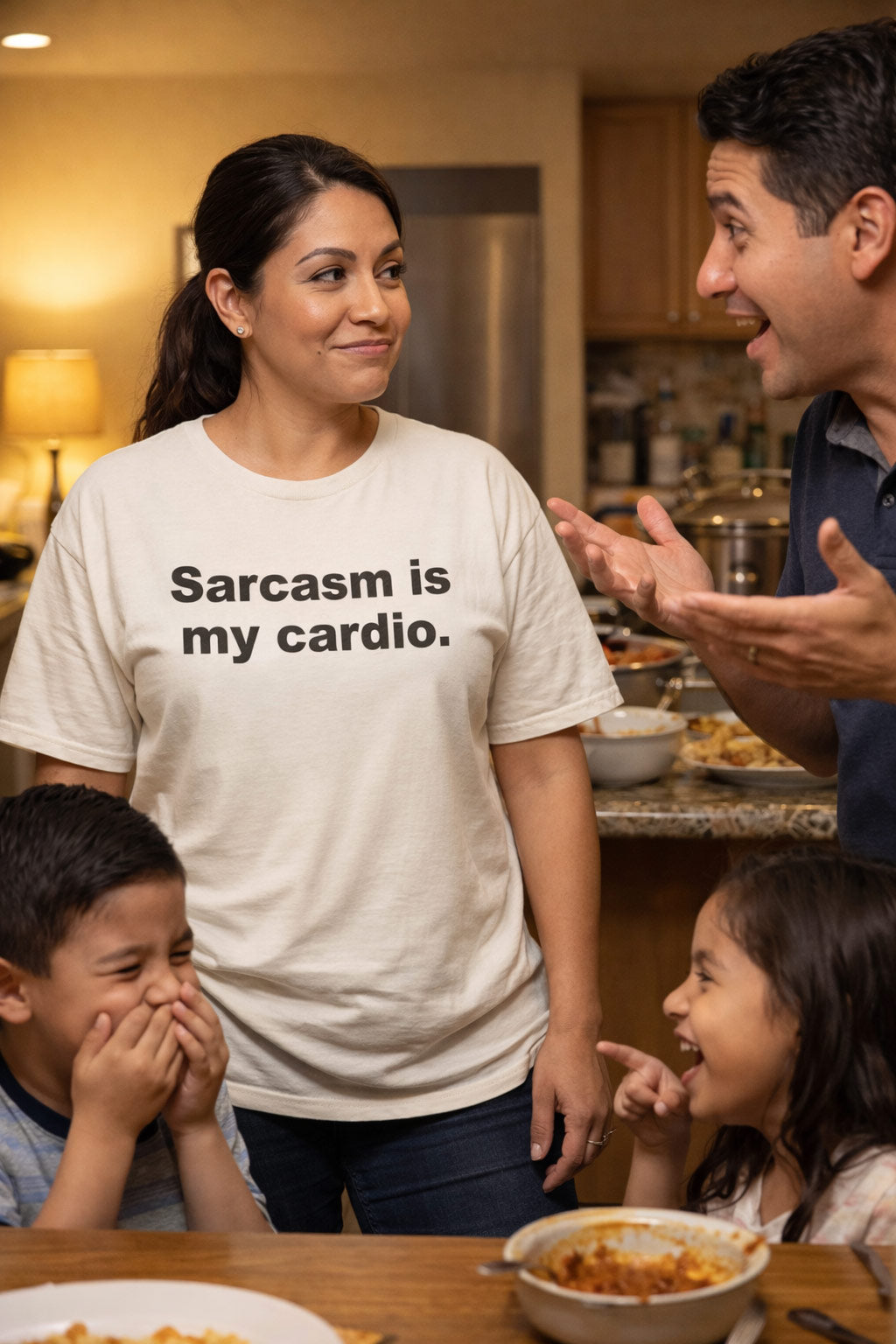Smiling woman in a kitchen wearing the sarcasm is my cardio tee flexing her comedic muscles effortlessly.