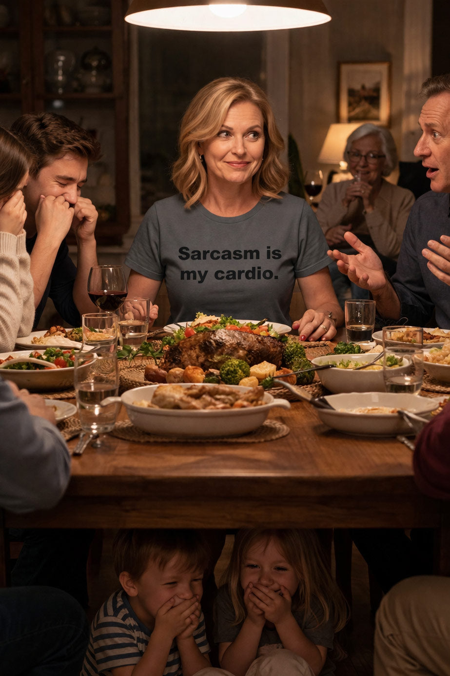 Cheerful woman at a dinner party in the sarcasm is my cardio shirt perfect for witty friends.