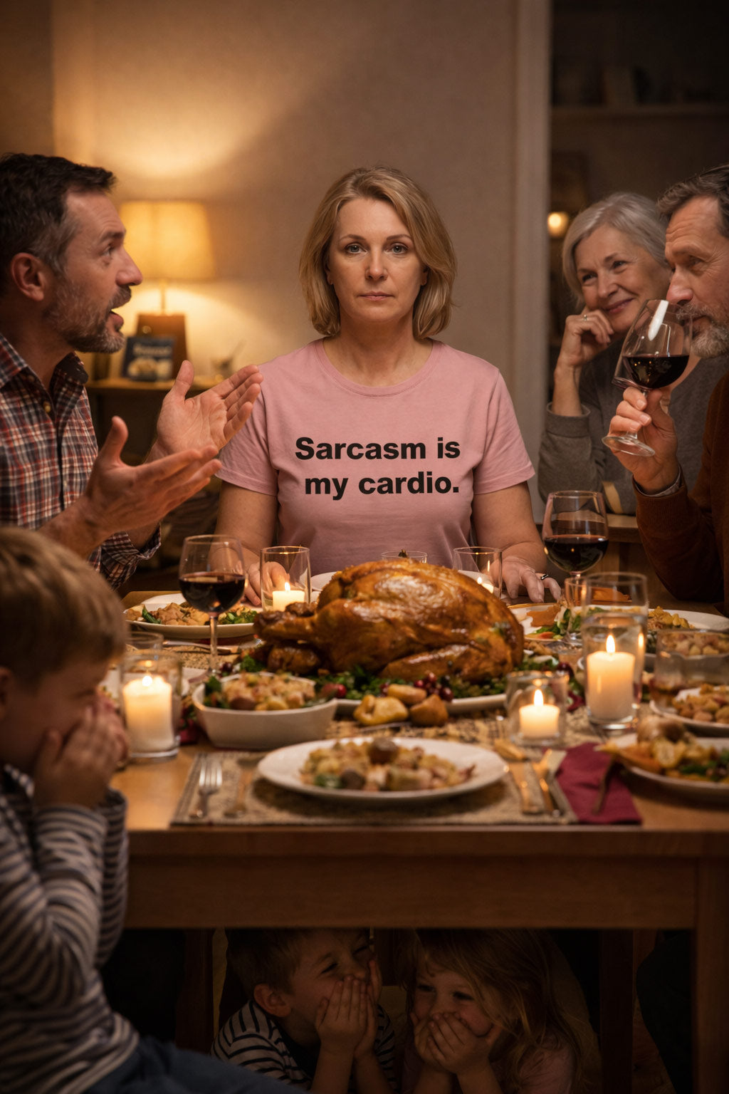 Amused woman at a gathering wearing the sarcasm is my cardio tee keeping everyone on their toes.