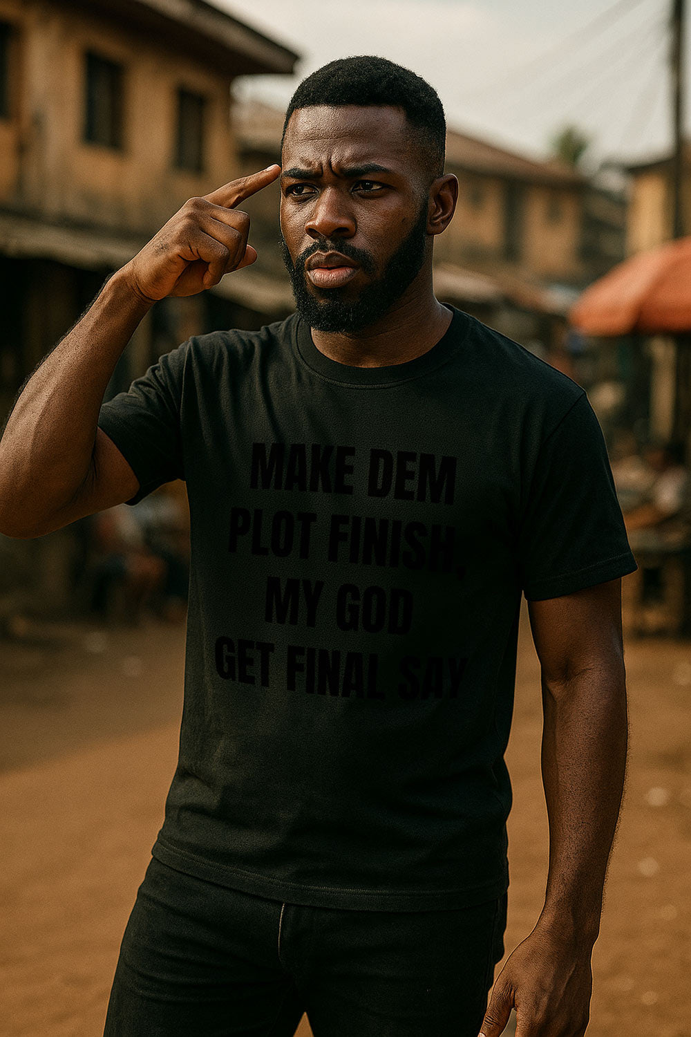 Serious man touching head wearing make dem plot finish my god get final say strong assurance gift.