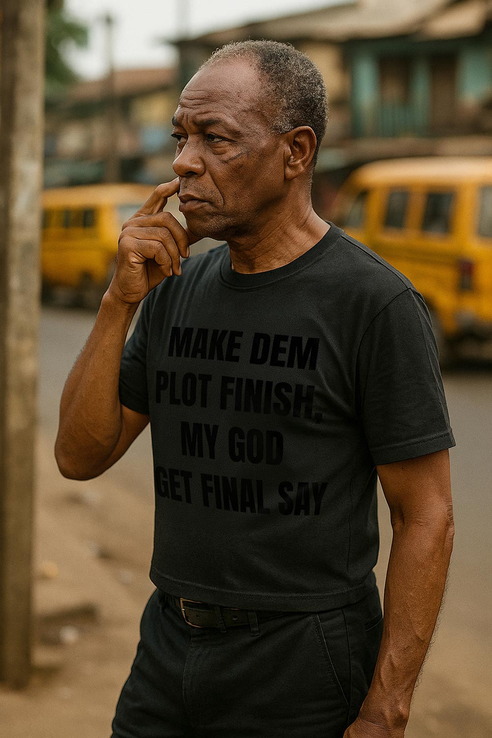 Older man thinking wearing make dem plot finish my god get final say ultimate authority meaningful gift.