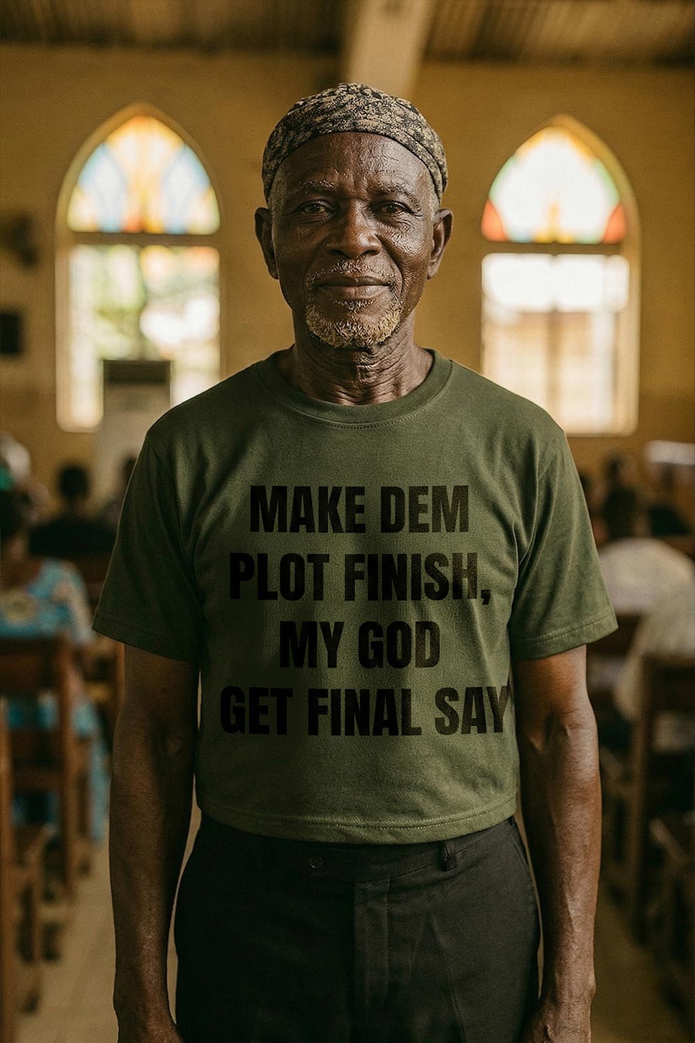 Calm older man standing in make dem plot finish my god get final say biggest testimony perfect gift.