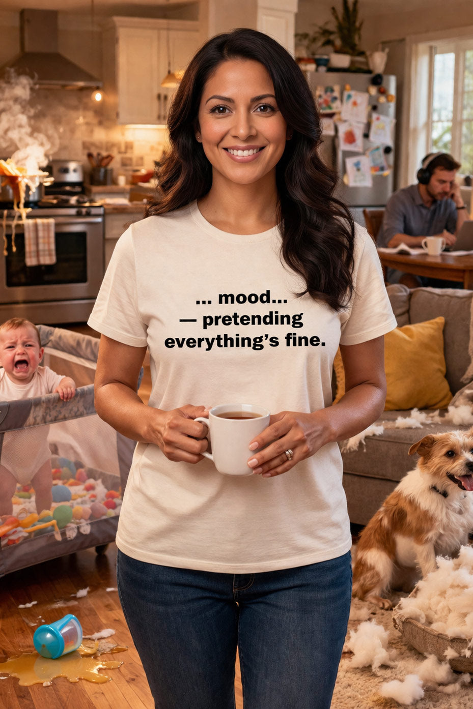 Smiling woman holding coffee amidst household chaos wearing mood pretending everything's fine shirt perfect for stressed parents.