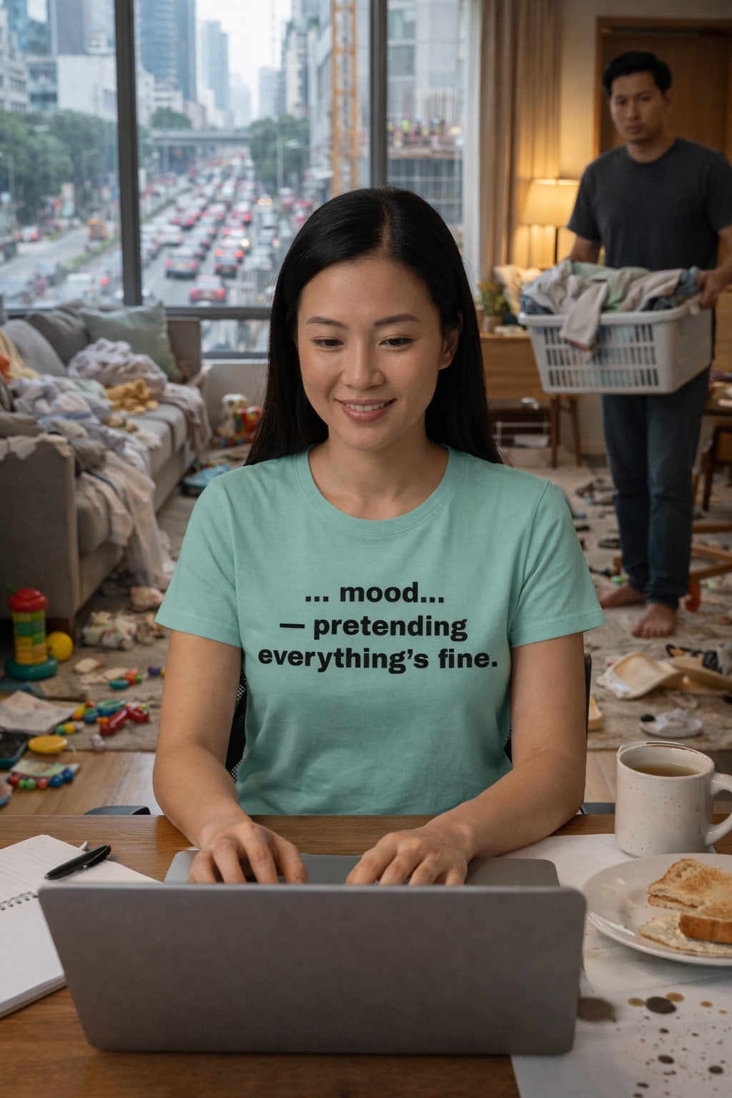 Calm woman working on laptop wearing the mood pretending everything's fine shirt mastering survival skills perfectly.