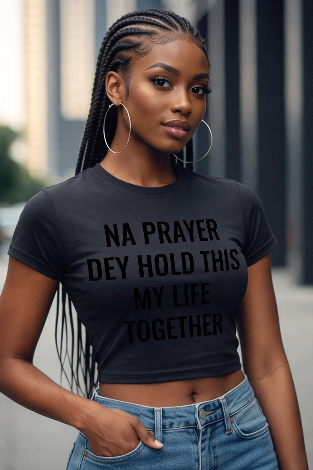 Confident woman posing wearing na prayer dey hold this my life together divine connection perfect gift.