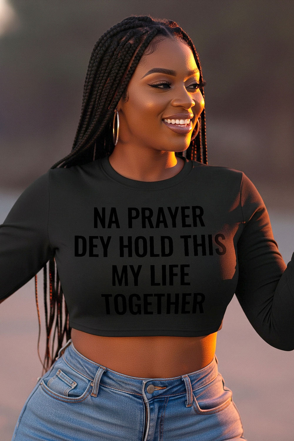 Smiling woman looking away in na prayer dey hold this my life together unseen grace gift.