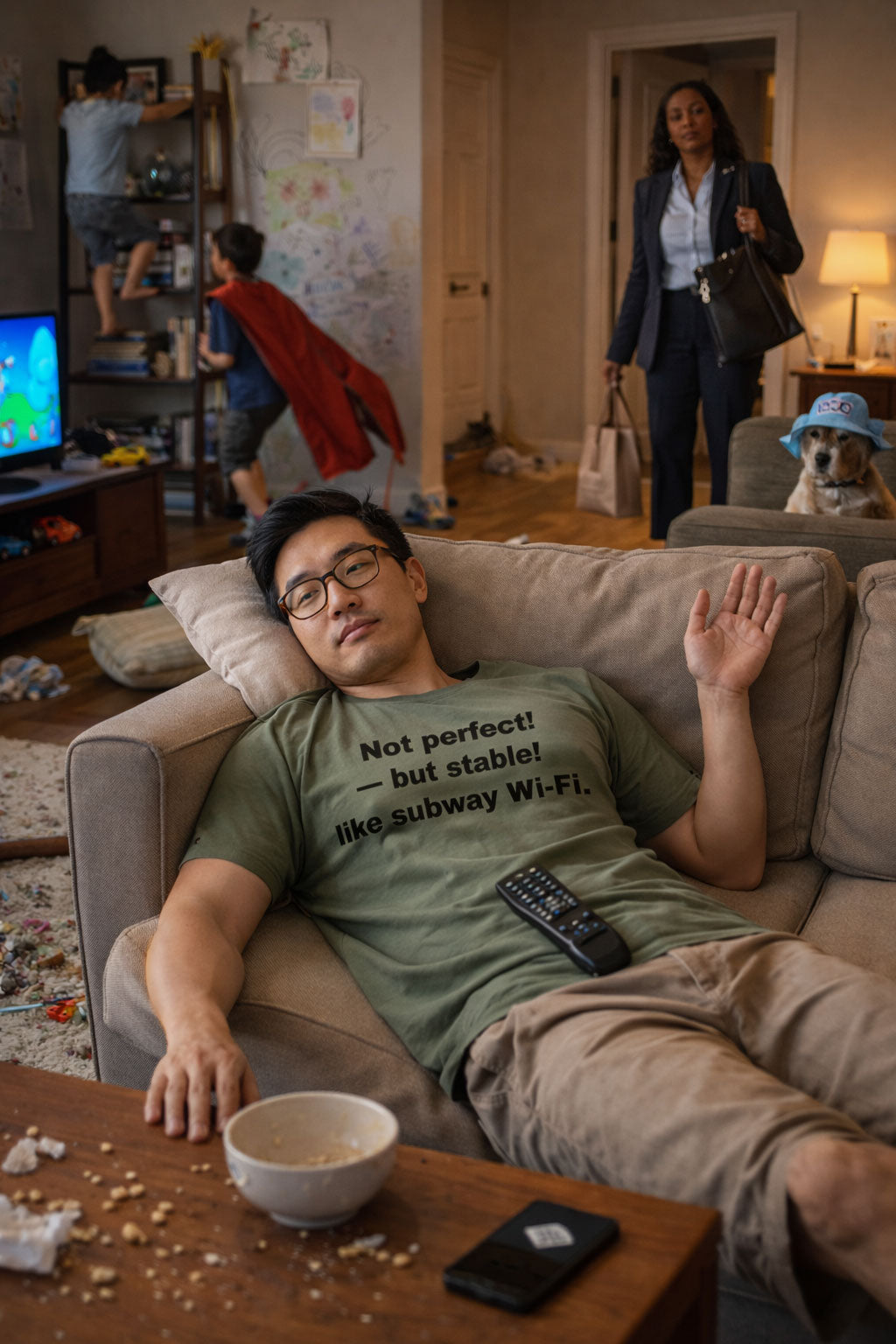 Relaxed man resting on the couch wearing not perfect but stable like subway Wi-Fi tee ideal gift.
