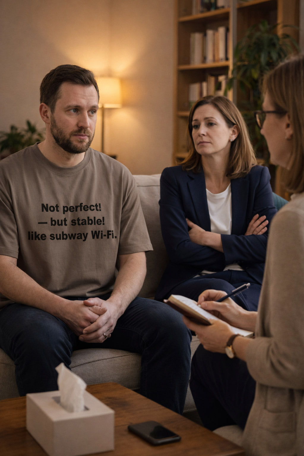 Serious man sitting on a couch wearing not perfect but stable like subway Wi-Fi tee for partners.