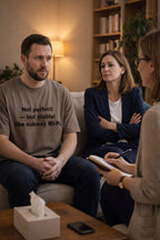 Serious man sitting on a couch wearing not perfect but stable like subway Wi-Fi tee for partners.