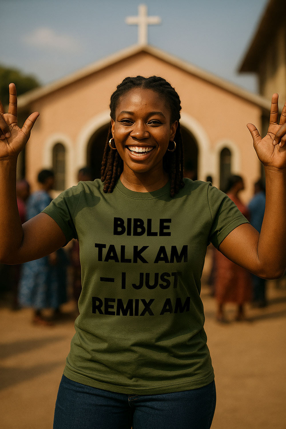 Happy woman raising hands wearing bible talk am I just remix am ancient wisdom perfect gift.