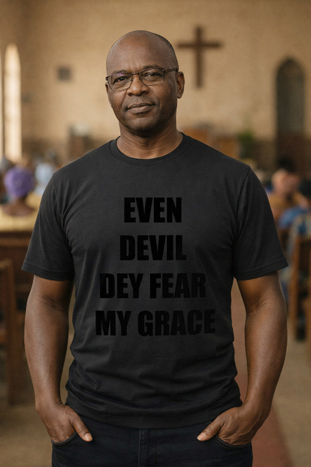 Calm older man standing wearing even devil dey fear my grace carrying heavy power perfect gift.