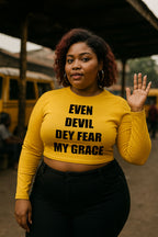 Confident woman raising hand in even devil dey fear my grace with supreme protection meaningful gift.