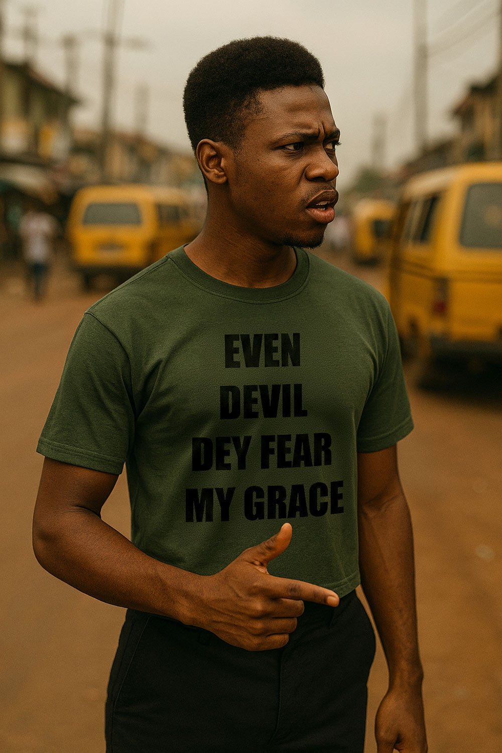 Serious man looking sideways wearing even devil dey fear my grace showing unshakeable backing perfect gift.