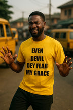 Smiling man raising hands in even devil dey fear my grace where victory settle perfect gift.