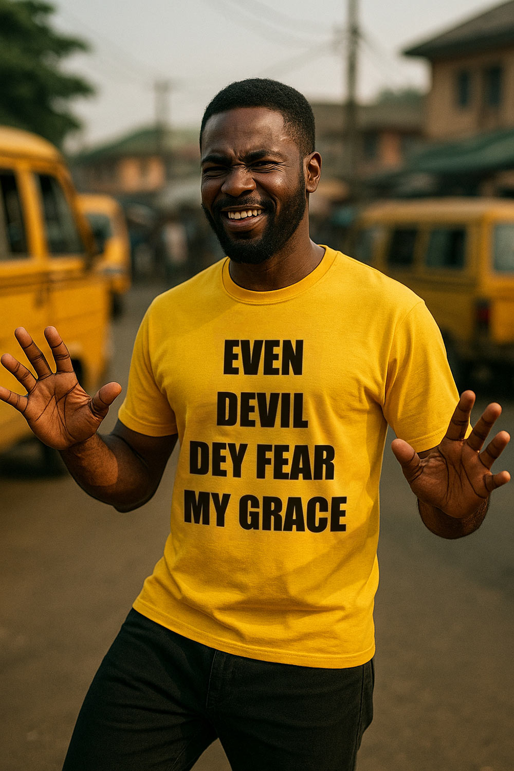 Smiling man raising hands in even devil dey fear my grace where victory settle perfect gift.