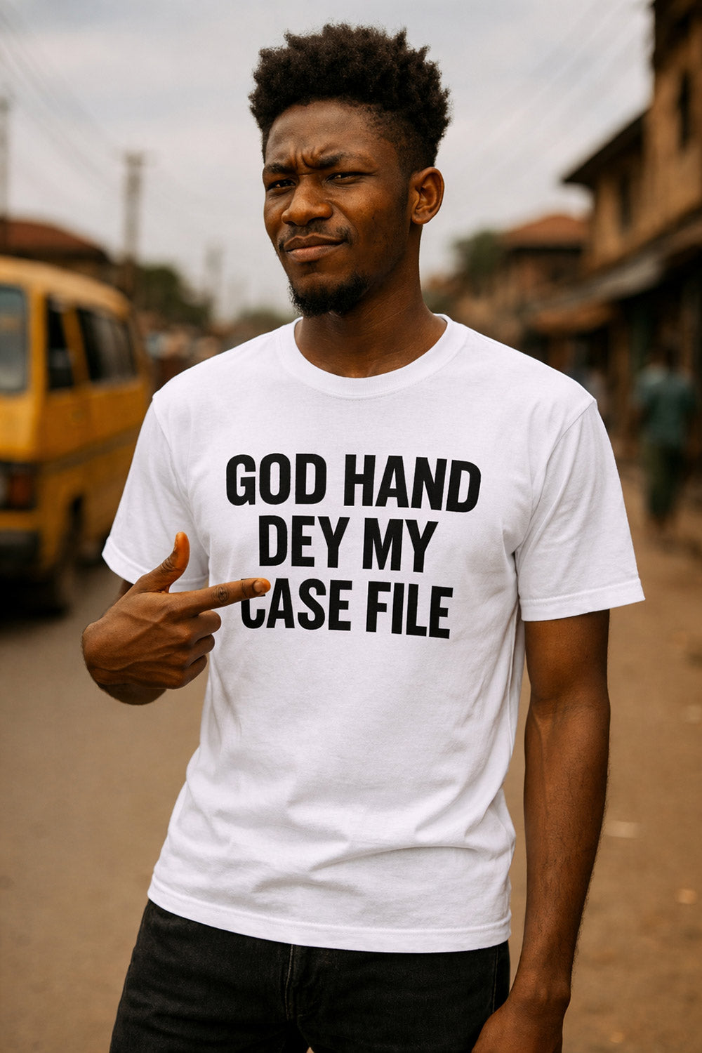 Confident man pointing to shirt wearing god hand dey my case file showing absolute confidence perfect gift.