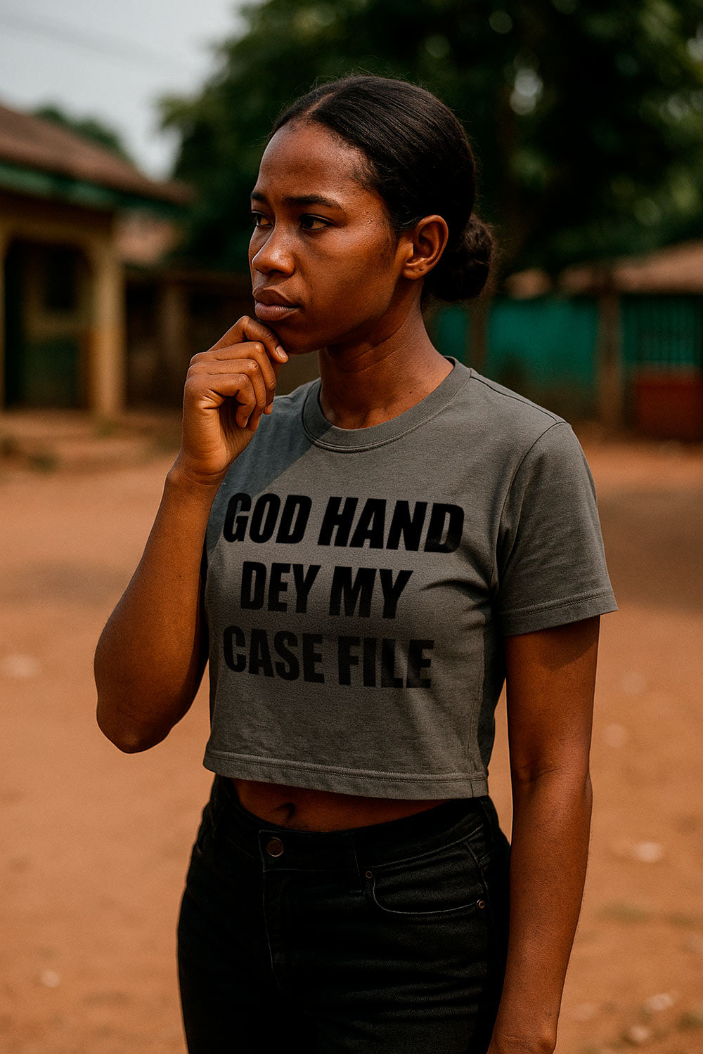 Thoughtful woman touching chin in god hand dey my case file trusting final judgment meaningful gift.