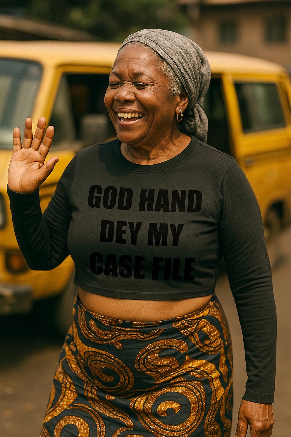 Smiling older woman waving hand in god hand dey my case file with sweet peace perfect gift.