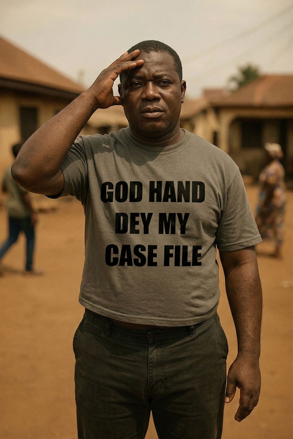 Serious older man touching head wearing god hand dey my case file handling your matter perfect gift.