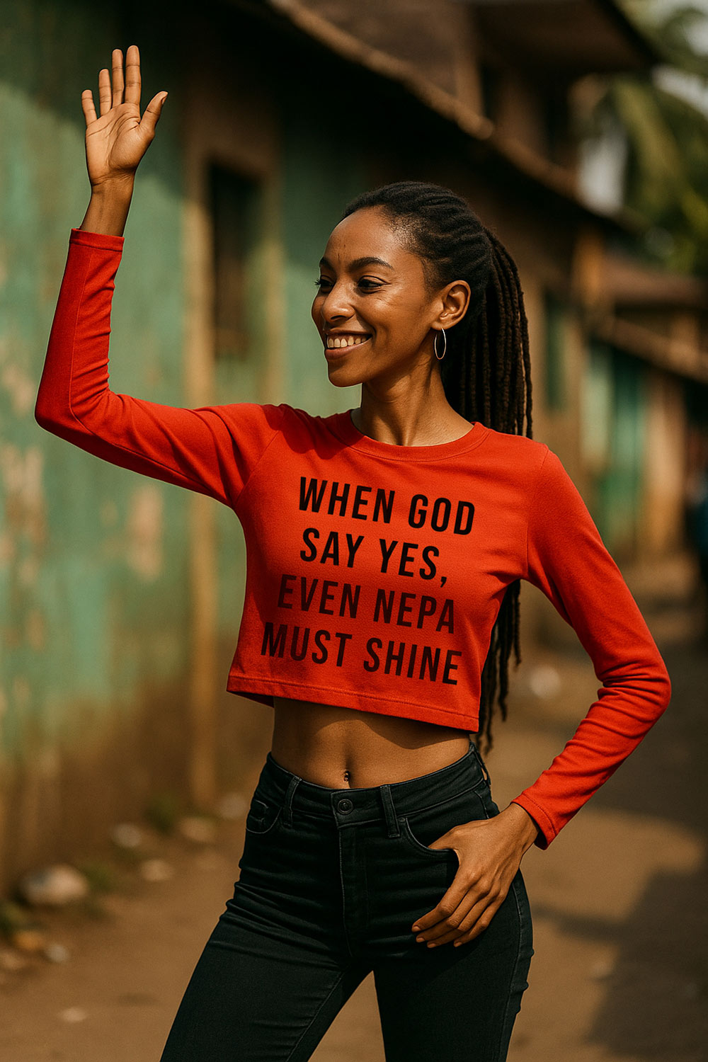 Happy woman raising hand wearing when god say yes even nepa must shine divine blessing perfect gift.