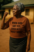 Older woman raising fist in when god say yes even nepa must shine massive testimony perfect gift.