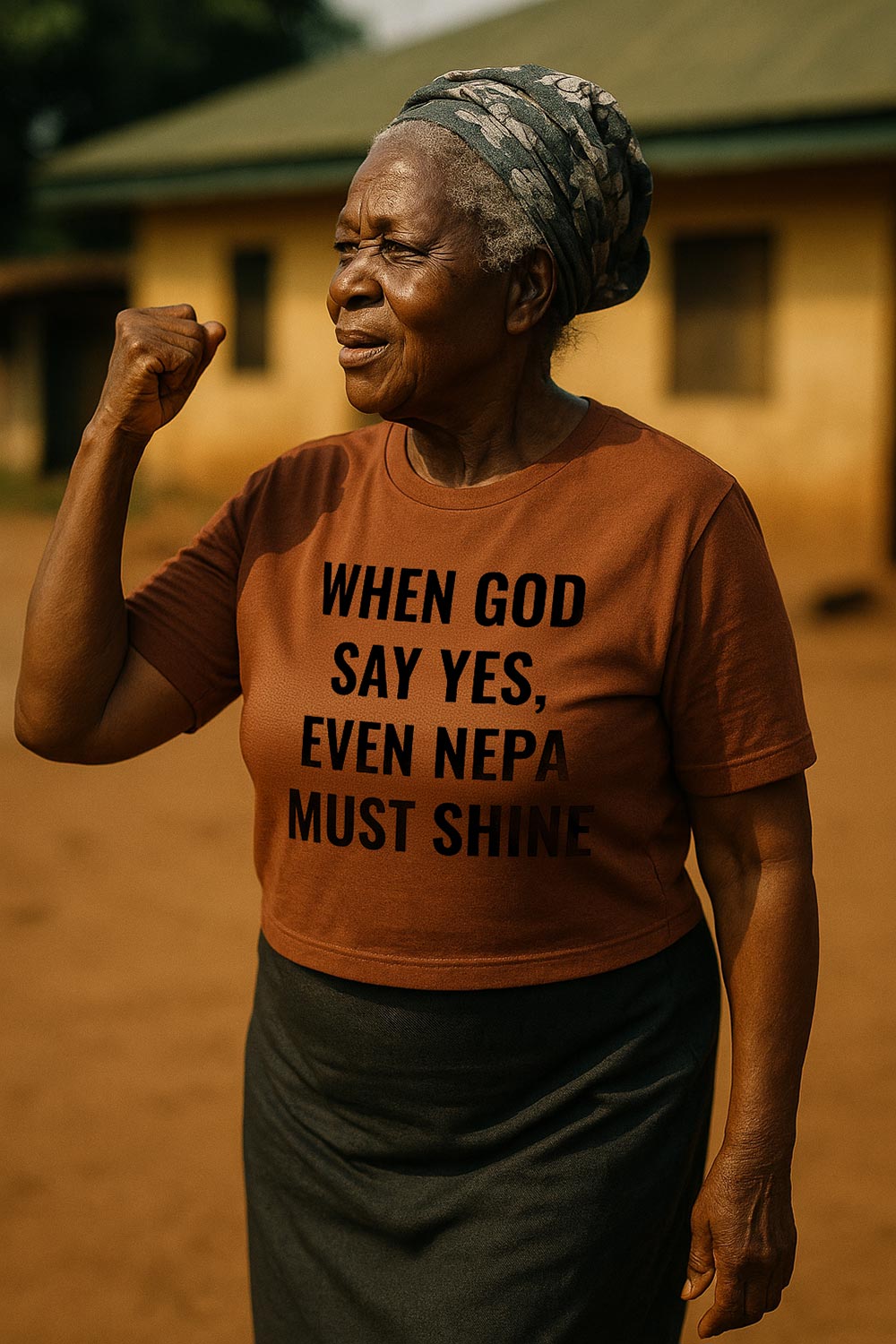 Older woman raising fist in when god say yes even nepa must shine massive testimony perfect gift.