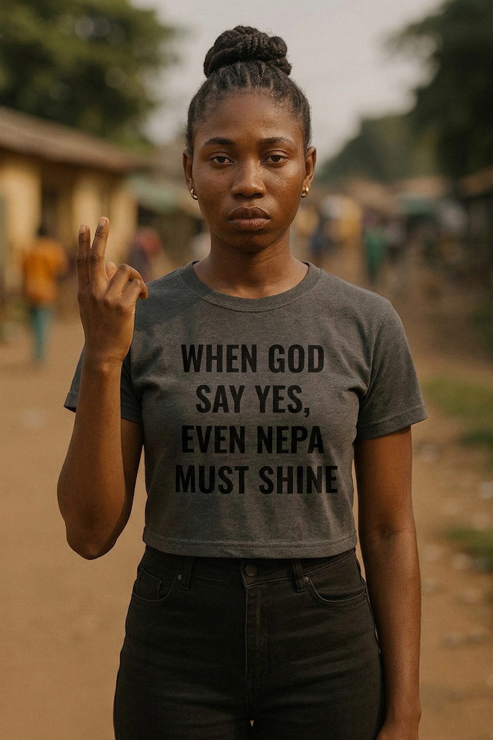 Serious woman gesturing wearing when god say yes even nepa must shine pure confidence gift for her.