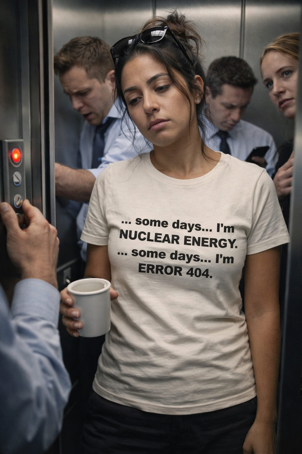 Exhausted woman in an elevator wearing the some days I'm error 404 shirt perfect for tired coworkers.