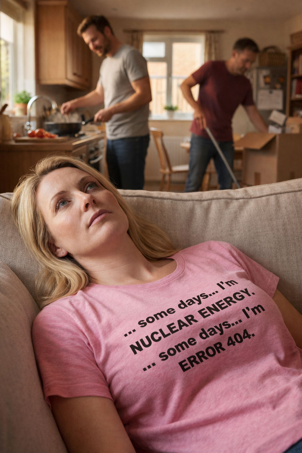 Tired woman resting on a couch wearing the some days I'm error 404 tee ideal for stressed friends.