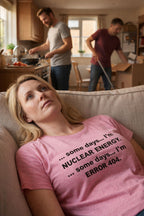 Tired woman resting on a couch wearing the some days I'm error 404 tee ideal for stressed friends.