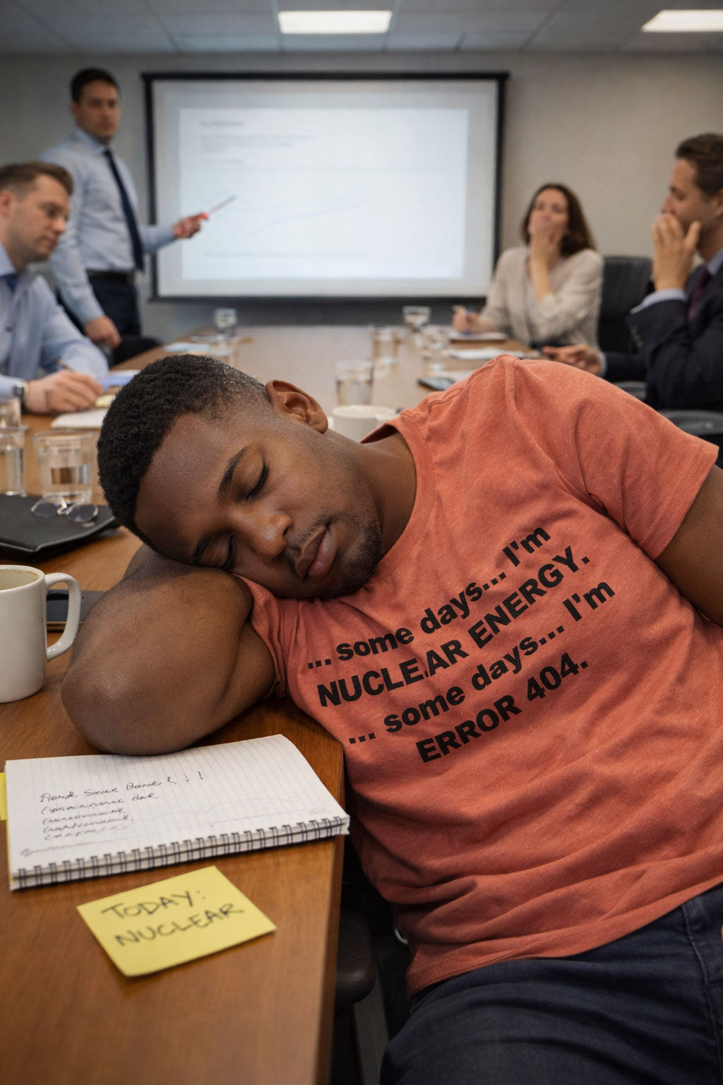 Man sleeping at his desk wearing the some days I'm error 404 shirt showing he needs a reboot.