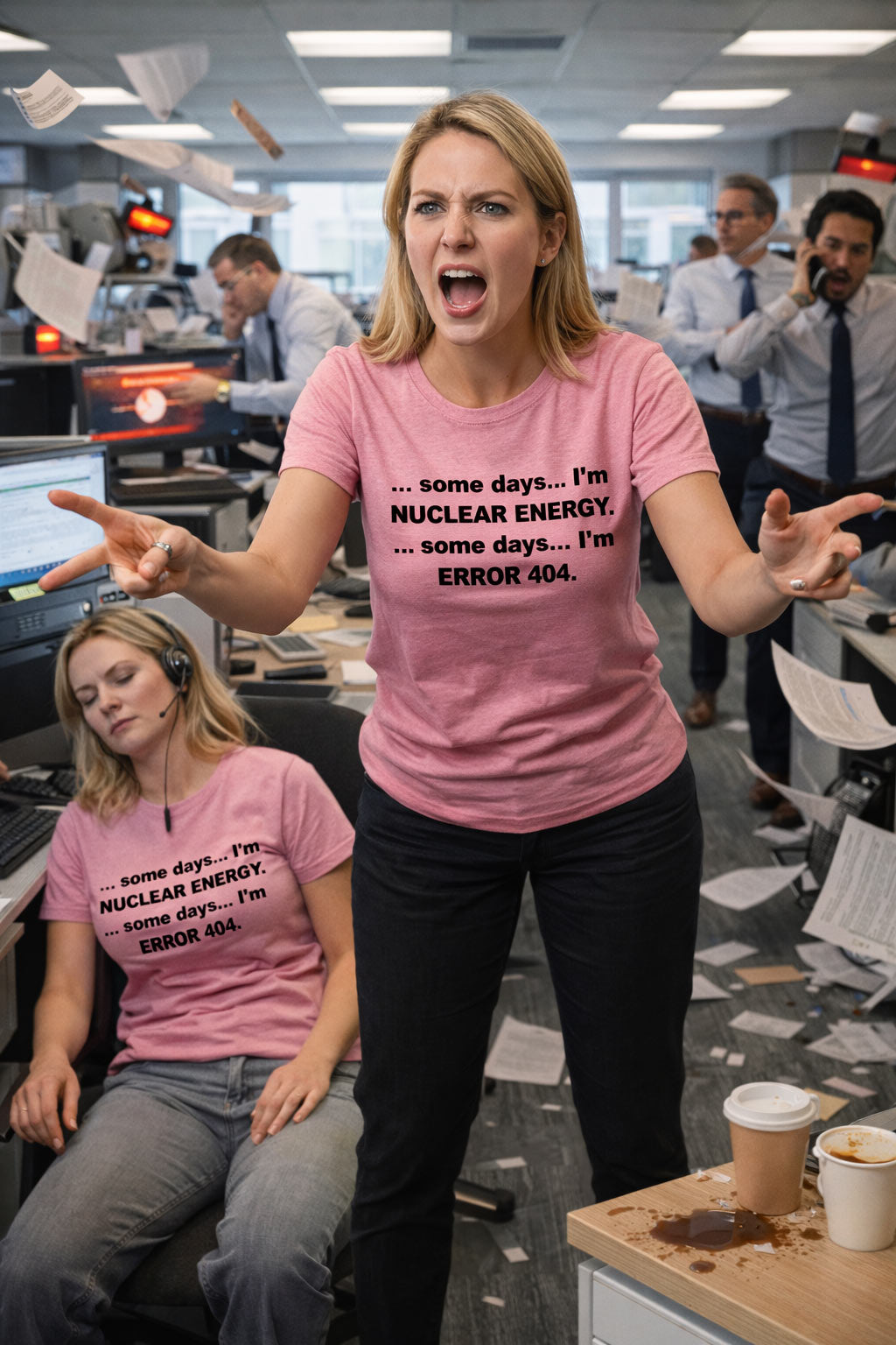 Energetic woman in a chaotic office wearing the some days I'm nuclear energy tee at maximum capacity.
