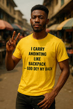Confident man showing peace sign in I carry anointing like backpack God dey my back spiritual backing gift.