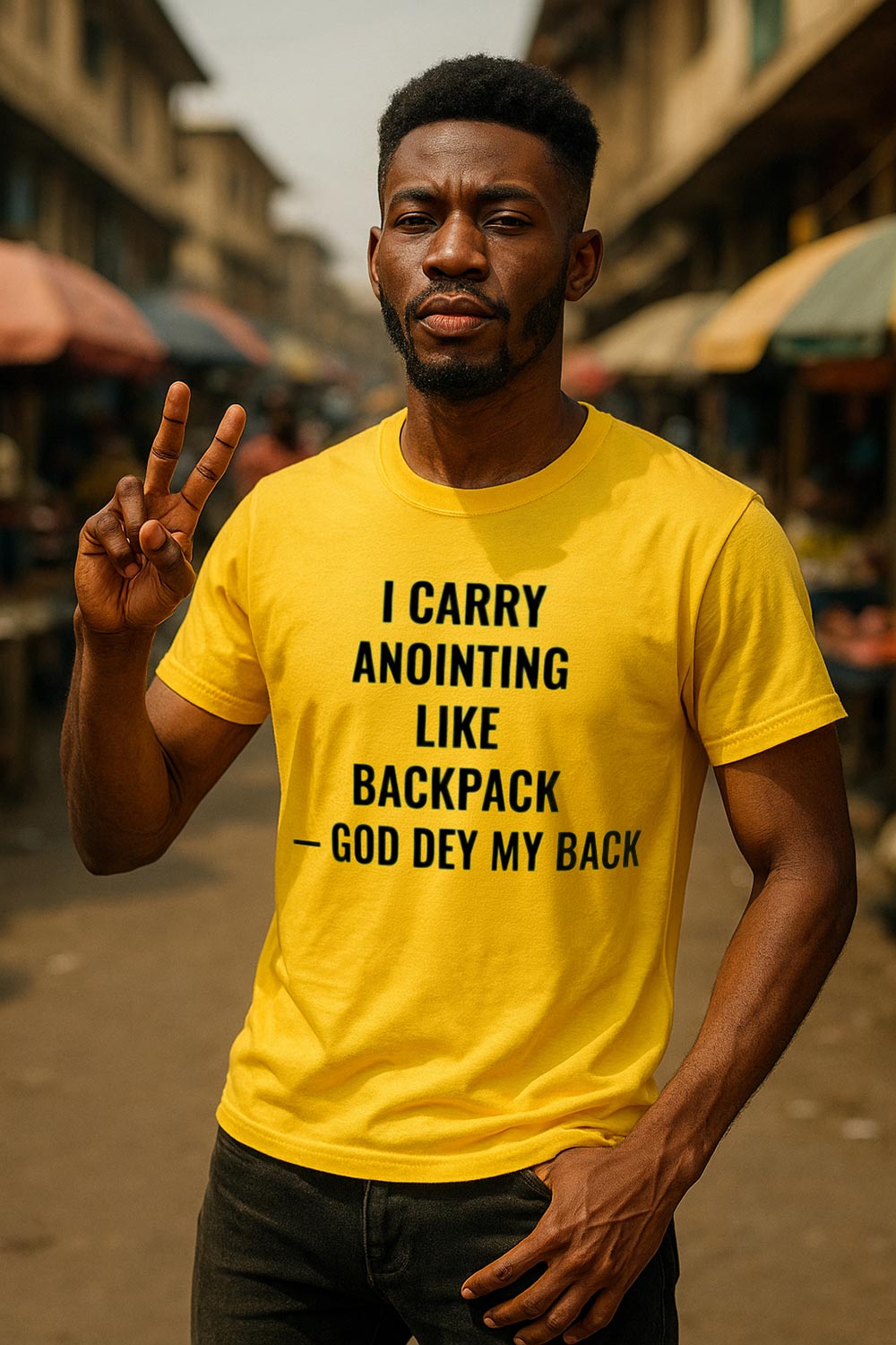 Confident man showing peace sign in I carry anointing like backpack God dey my back spiritual backing gift.