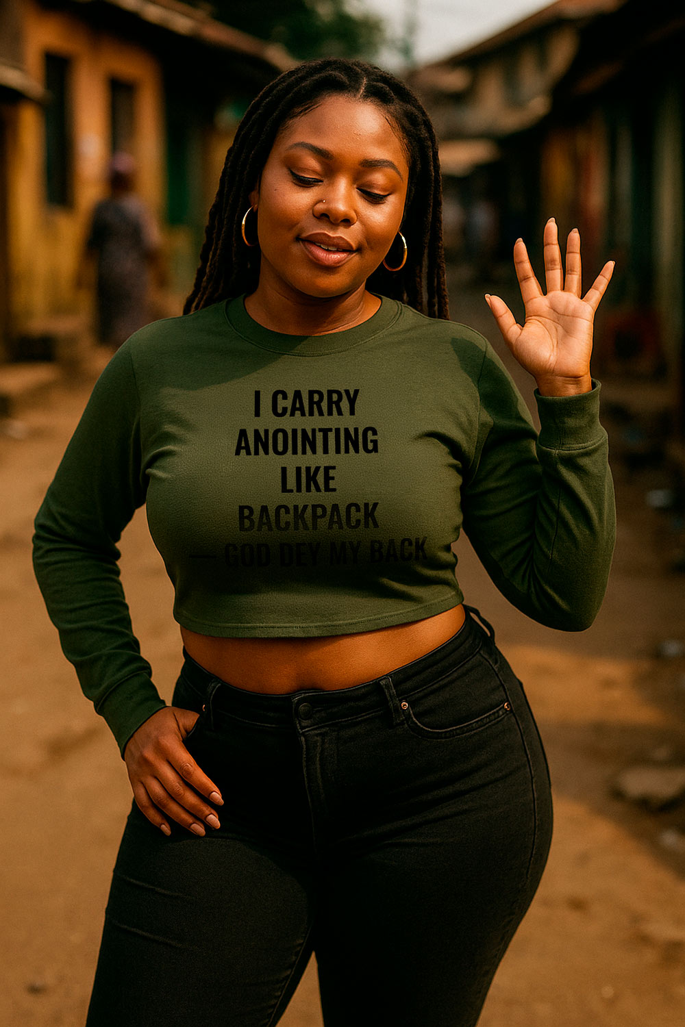 Happy woman waving hand wearing I carry anointing like backpack God dey my back sweet confidence perfect gift.