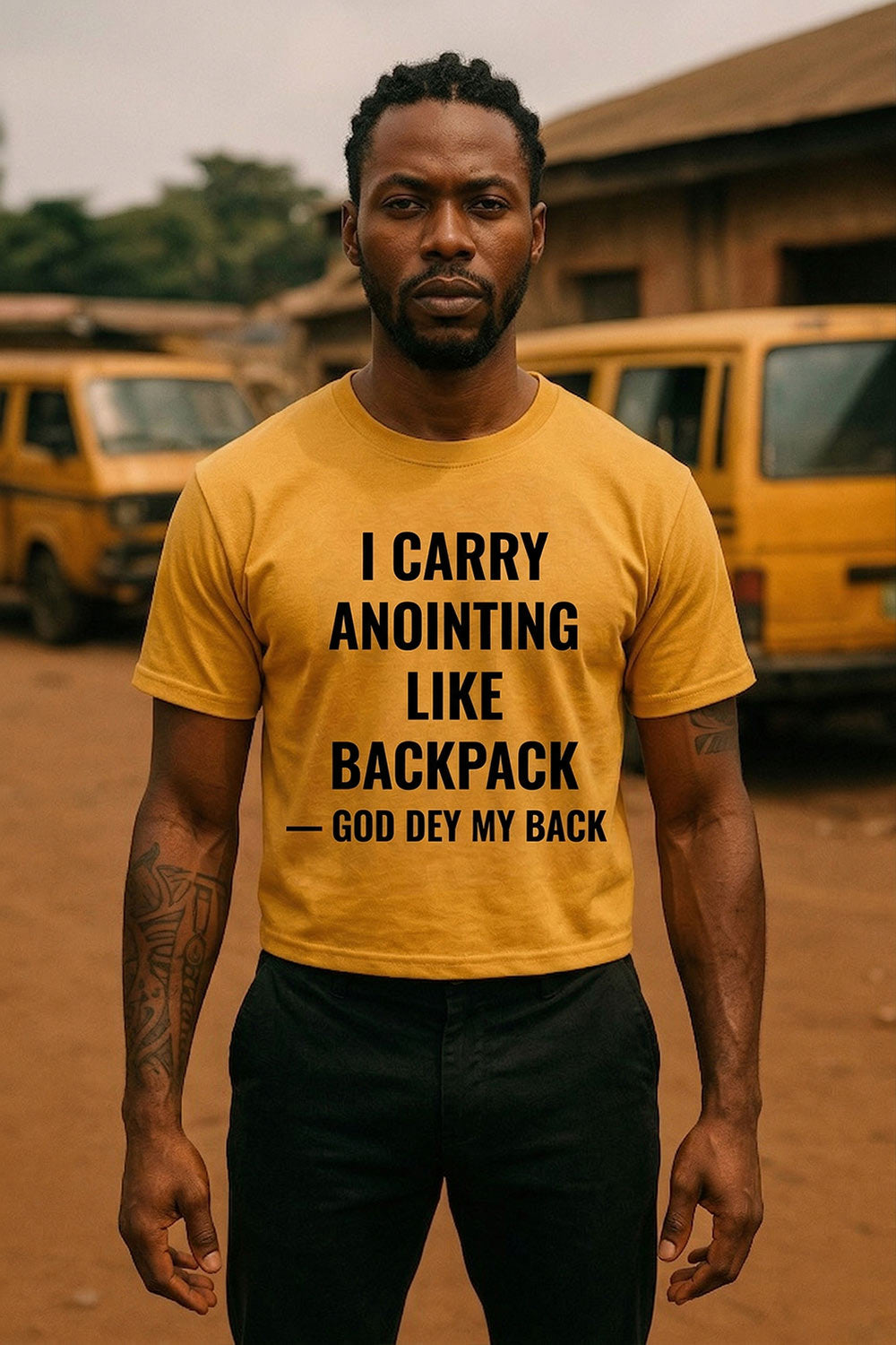 Serious man standing straight in I carry anointing like backpack God dey my back visible grace meaningful gift.