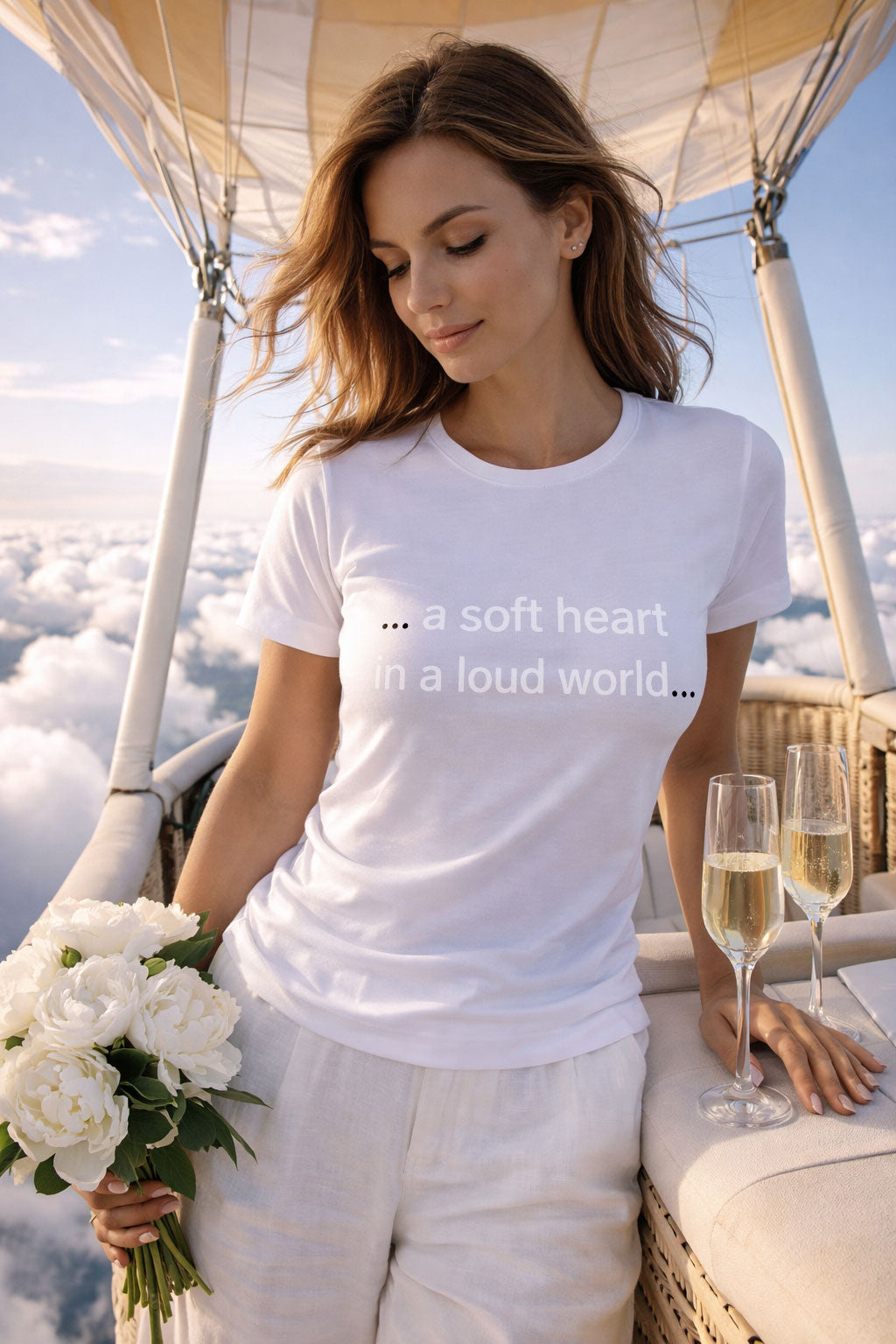 Elegant woman wearing a soft heart in a loud world holding flowers, finding quiet strength above everything.