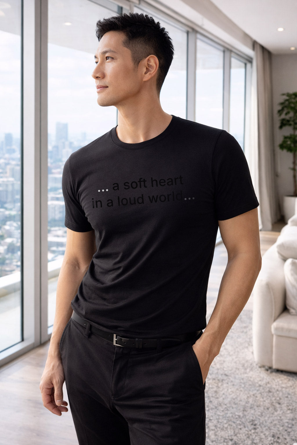 Person wearing a soft heart in a loud world finding courage to stay gentle in a chaotic environment.