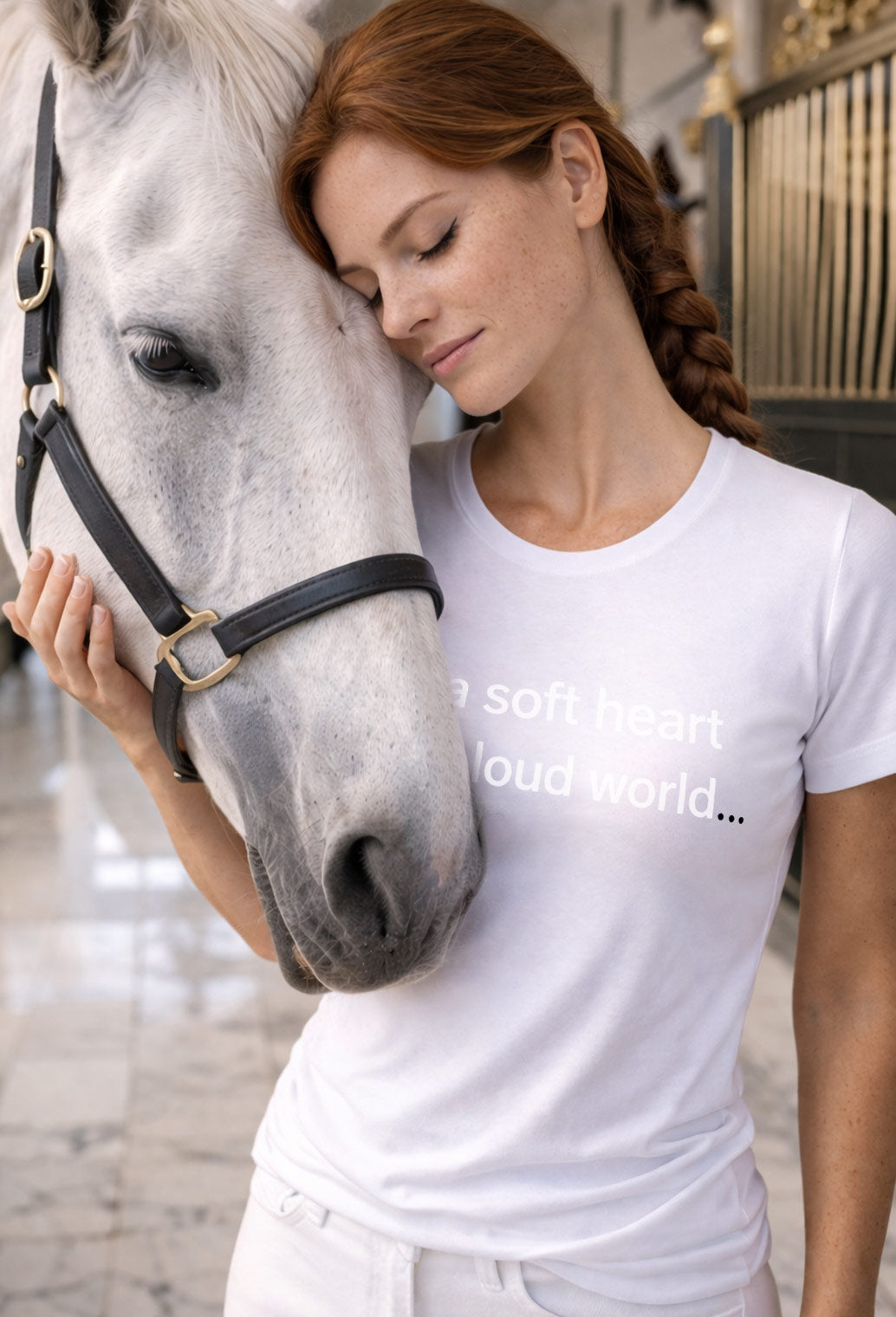 Gentle woman wearing a soft heart in a loud world embracing a horse, choosing profound strength and compassion.