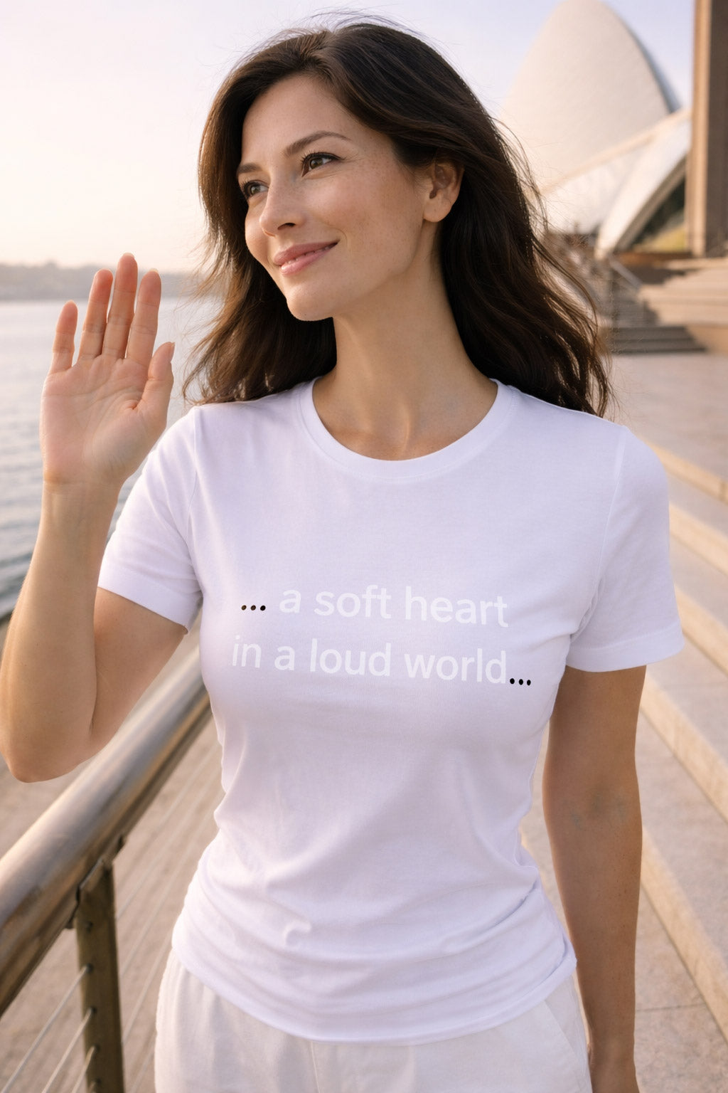 Cheerful person wearing a soft heart in a loud world offering kindness, an ideal gift for gentle souls.