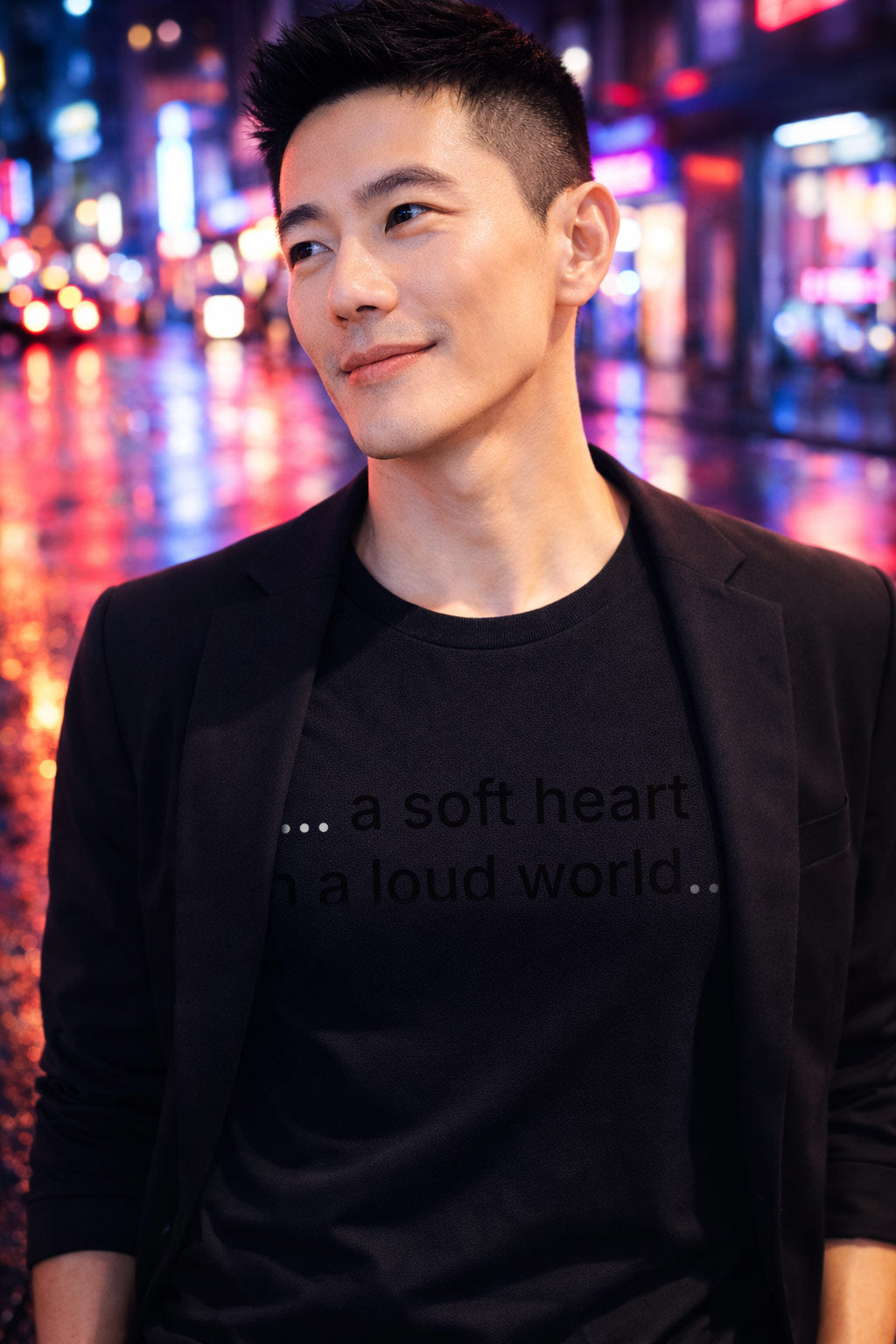 Person wearing a soft heart in a loud world choosing kindness as a quiet rebellion in the city night.