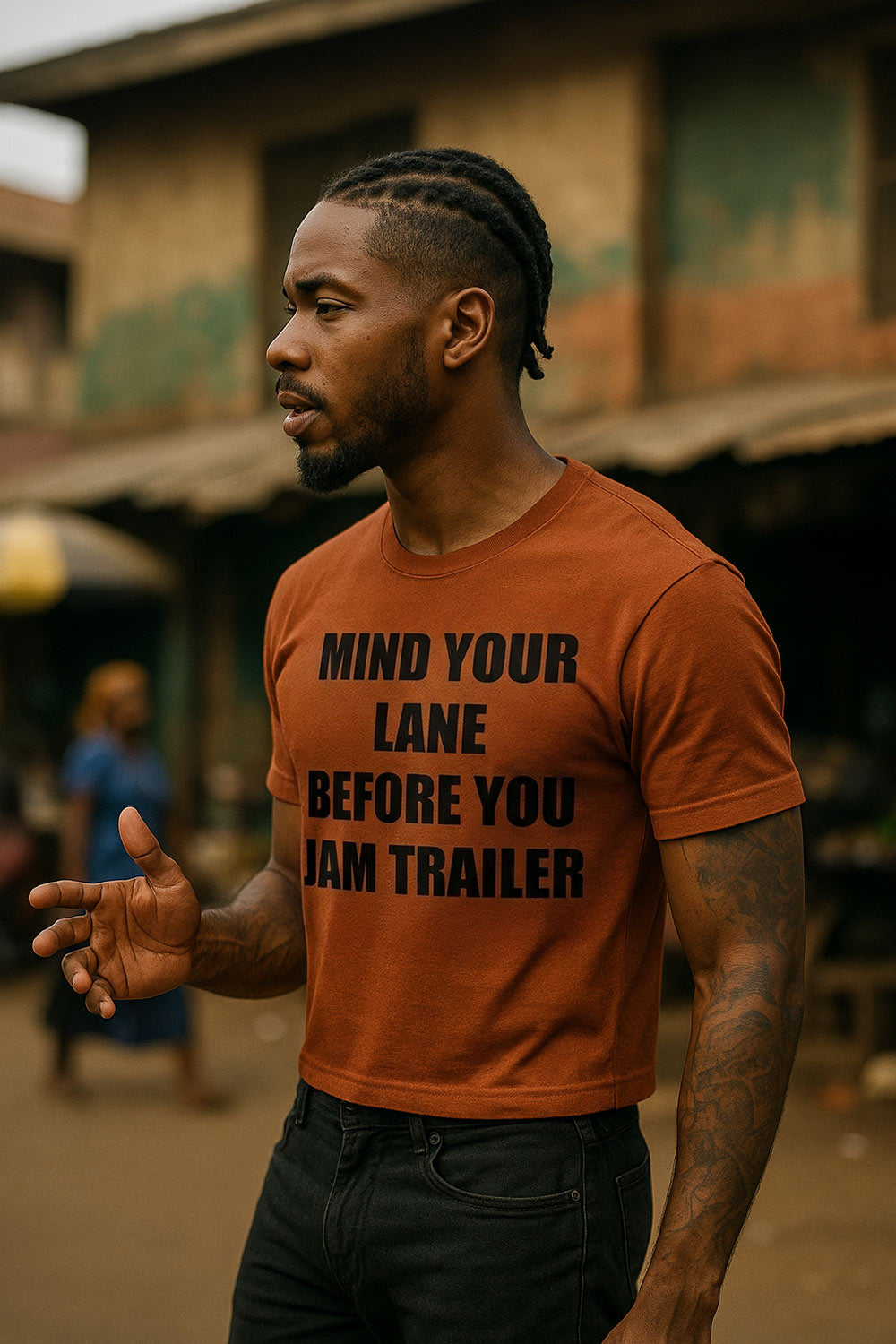 Serious man gesturing sideways wearing mind your lane before you jam trailer maintaining peace perfect gift.